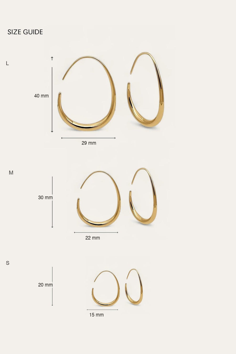Size guide: L 40 x 29 mm, M 30 x 22 mm, S 20 x 15 mm