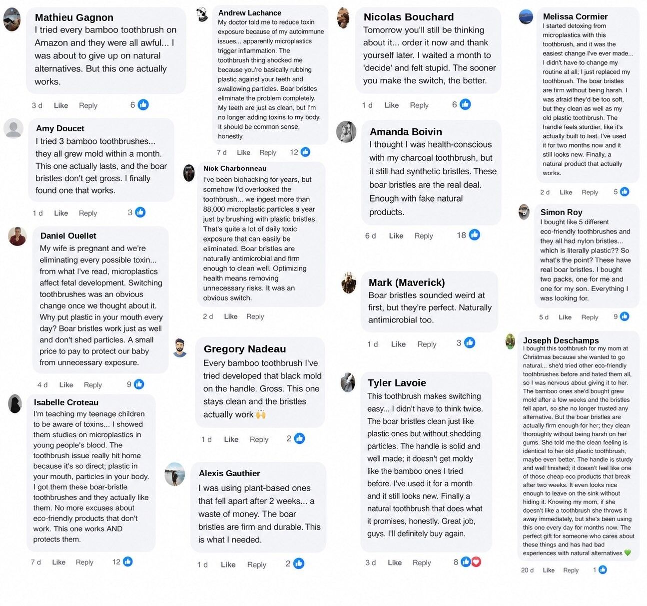 A wall of customer comments and toothbrush photos