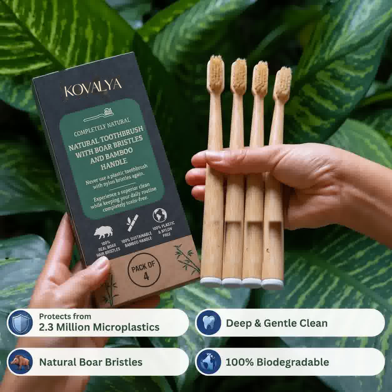 Four natural bristle bamboo toothbrushes with their box