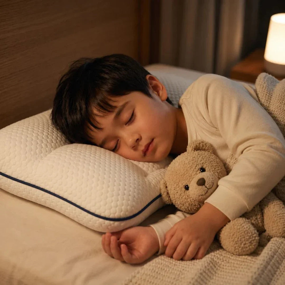 Child asleep with their stuffed animal on the pillow