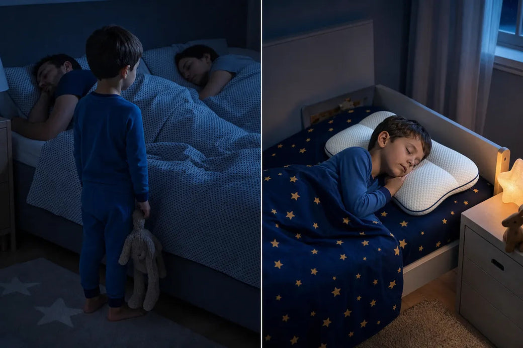 A child standing at night by their sleeping parents' bed, then the same child asleep alone in their own bed on their Kovalya pillow