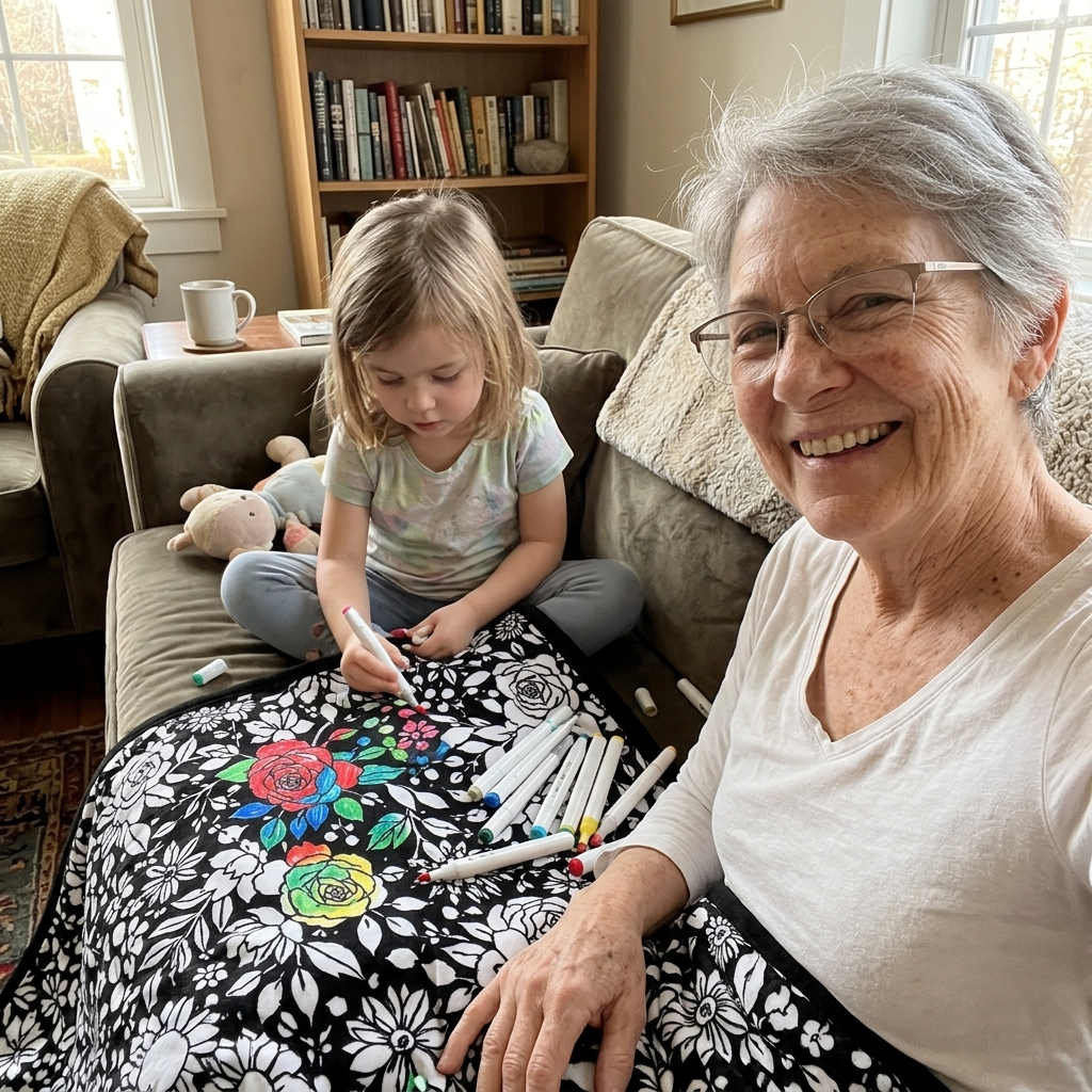 Grandmother and granddaughter colouring the CuddleArt blanket
