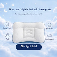 White contoured children's pillow on a cloudy sky background, with icons for small neck, soft, breathable and good support, and a 30-night trial badge.