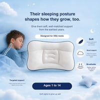 Boy asleep on his side beside the contoured pillow, with labels for soft, good support, breathable and targeted support, and an ages 1 to 14 badge.