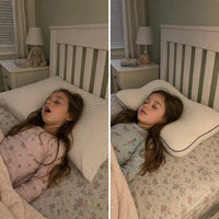 Two photos of a girl asleep in the same bed: mouth open on a flat pillow, then settled on the contoured pillow.