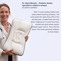 A woman in a white coat with a stethoscope holds the pillow, next to a printed testimonial about children's sleep and airway support.