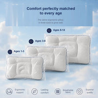 The three pillow sizes in clear packaging, labelled ages 1-3, ages 3-8 and ages 8-14.