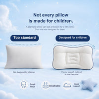 Side-by-side comparison of a plain rectangular pillow labelled too standard and the contoured pillow labelled designed for children.