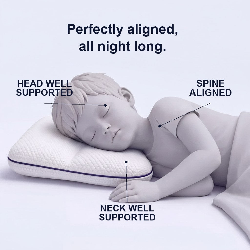 Grey 3D rendering of a child asleep on the pillow, with lines pointing to the head, neck and spine, captioned perfectly aligned all night long.