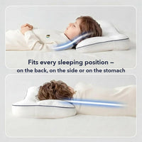 Two photos of a child asleep on the pillow, once on the back and once on the side, with airflow lines and a caption about fitting every sleeping position.