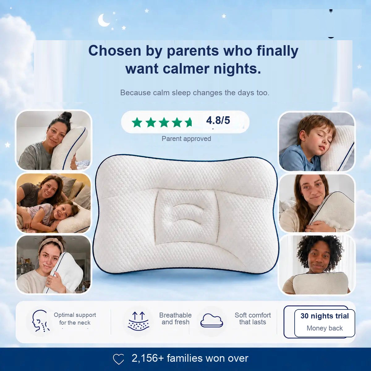 The pillow framed by six photos of parents and children, with a 4.8 out of 5 star rating, feature icons and a 30-night trial with money-back badge.