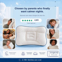 The pillow framed by six photos of parents and children, with a 4.8 out of 5 star rating, feature icons and a 30-night trial with money-back badge.