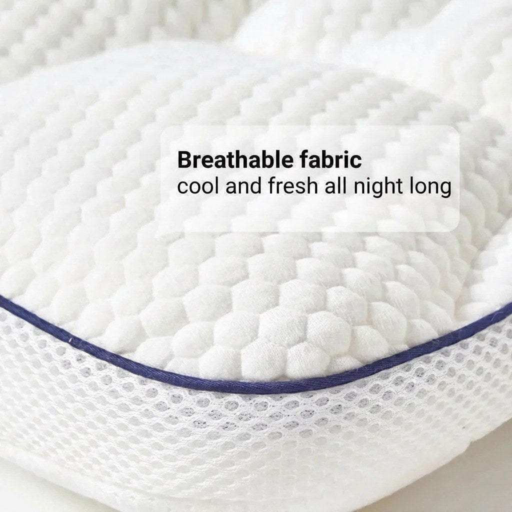 Close-up of the pillow's textured white cover and mesh side panel, captioned breathable fabric, cool and fresh all night long.