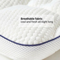 Close-up of the pillow's textured white cover and mesh side panel, captioned breathable fabric, cool and fresh all night long.