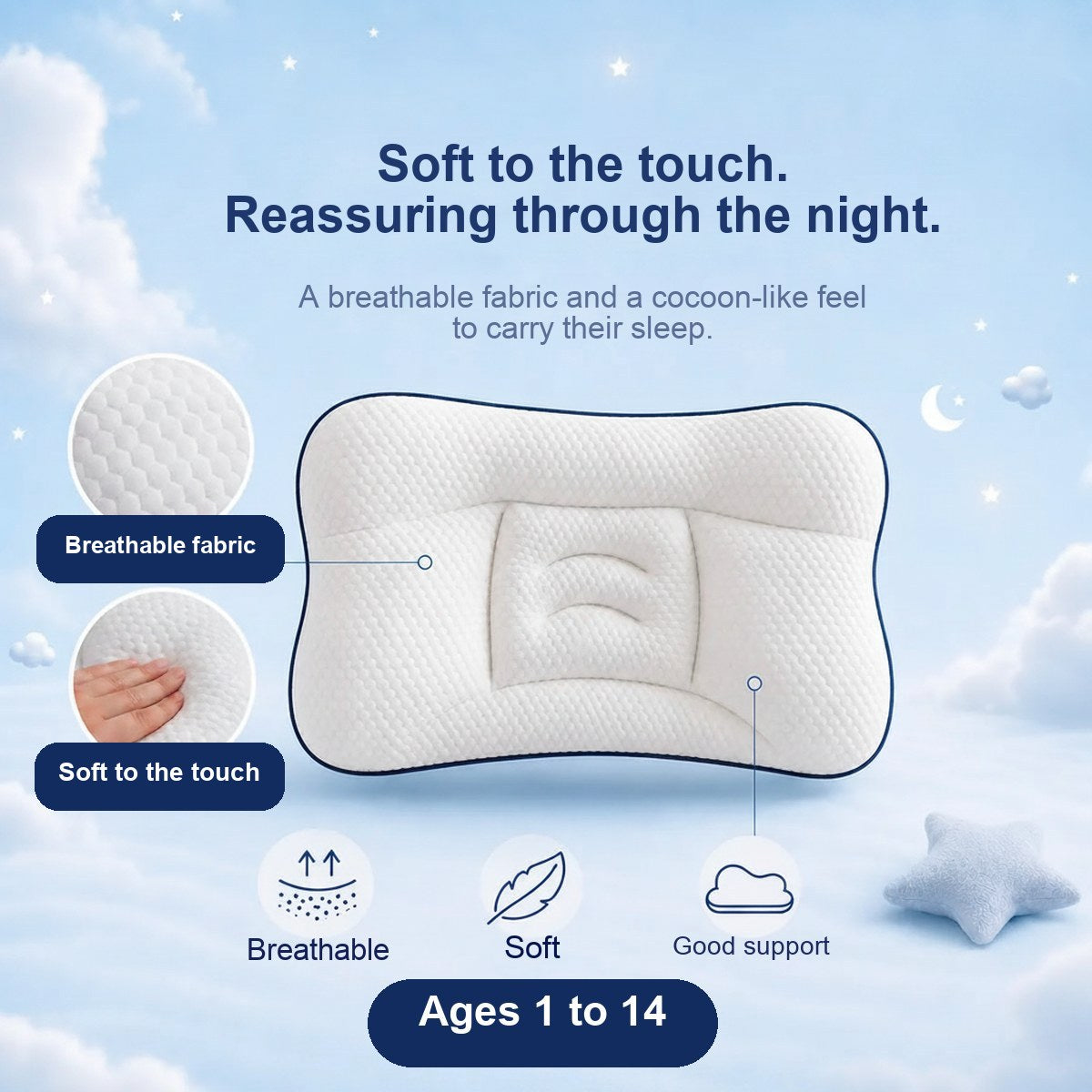 The pillow with two inset close-ups of its fabric, labelled breathable fabric and soft to the touch, with an ages 1 to 14 badge.