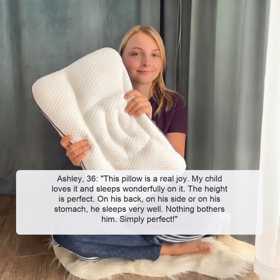 A woman sitting on the floor holding the pillow, below a written customer review about a child sleeping well on it.