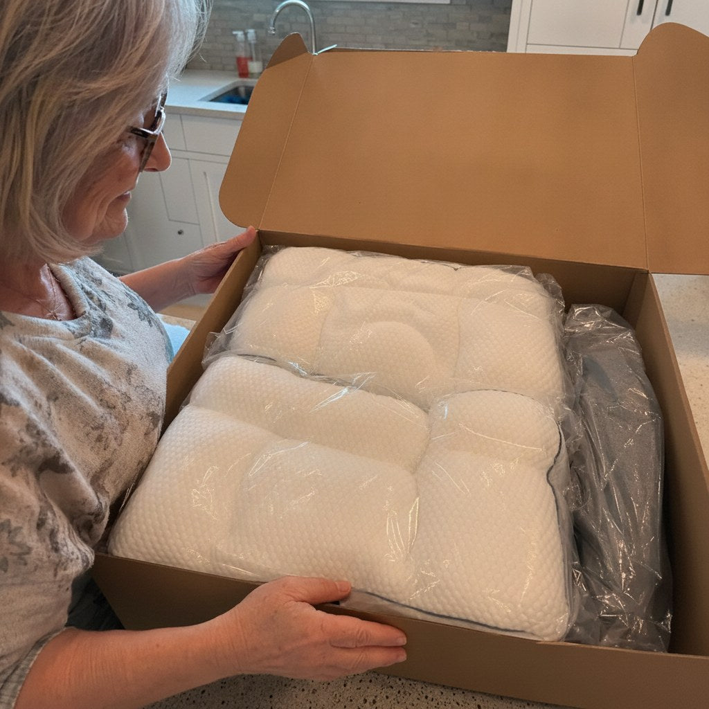A woman in a kitchen opening a cardboard box containing two wrapped pillows.