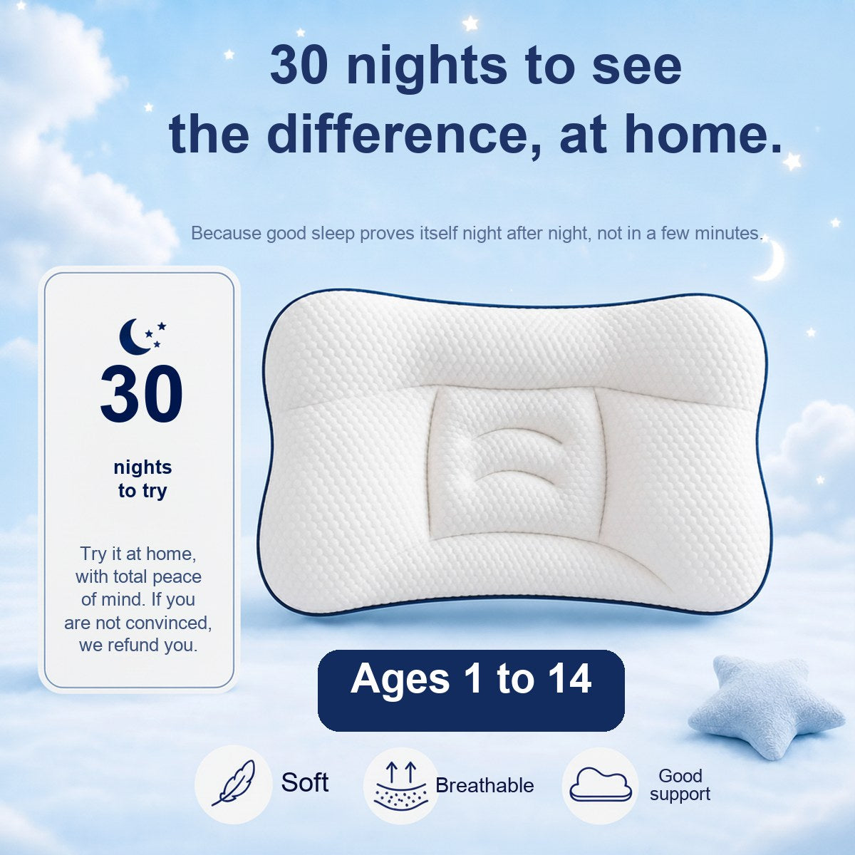 The pillow on a cloud background beside a card reading 30 nights to try with a refund promise, and an ages 1 to 14 badge.