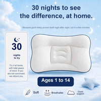 The pillow on a cloud background beside a card reading 30 nights to try with a refund promise, and an ages 1 to 14 badge.