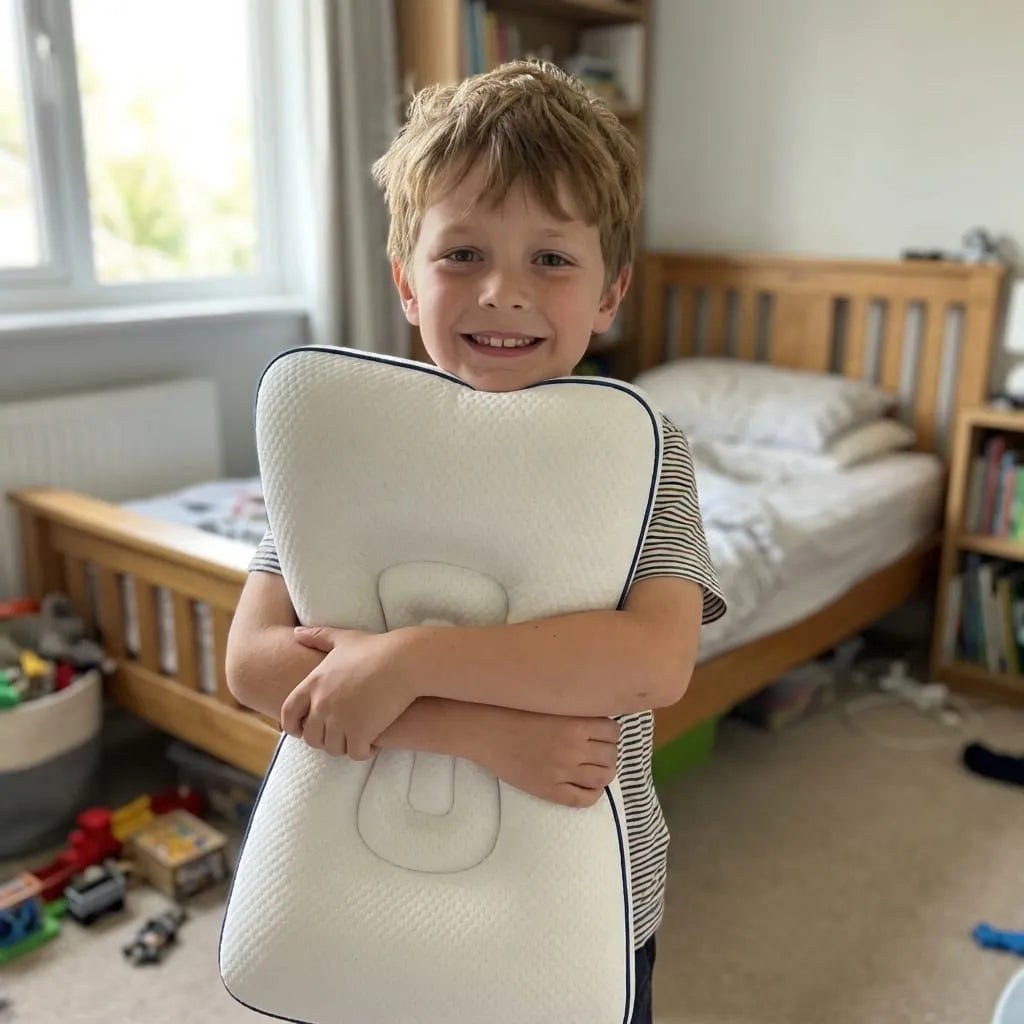 Boy standing in his bedroom hugging the pillow against his chest.