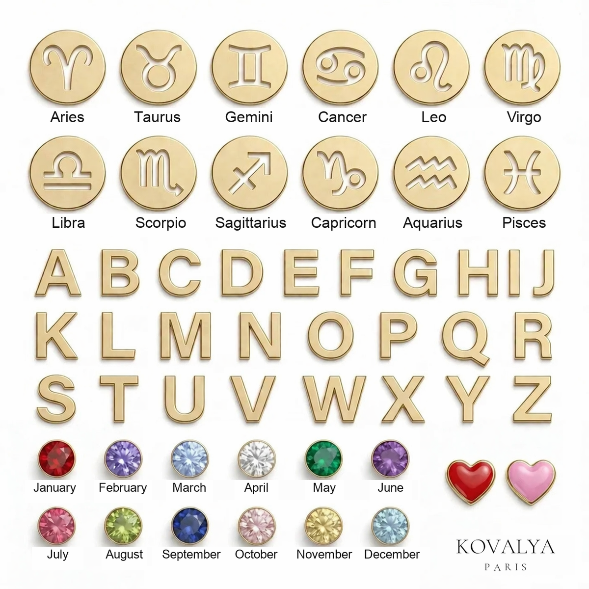 Personalization guide: zodiac signs, initials, birthstones and hearts