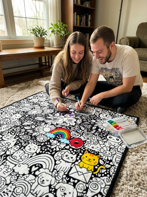 Couple colouring the blanket together