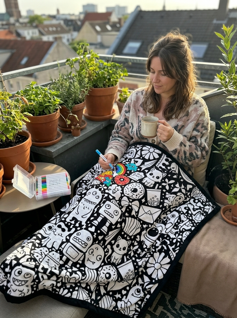 Woman relaxing while colouring on the balcony