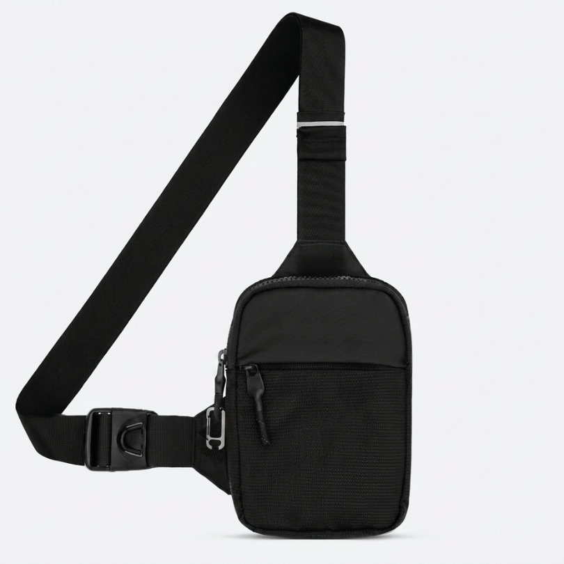 Black travel sling bag, front view
