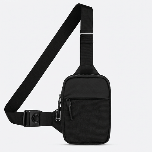 Black travel sling bag, front view