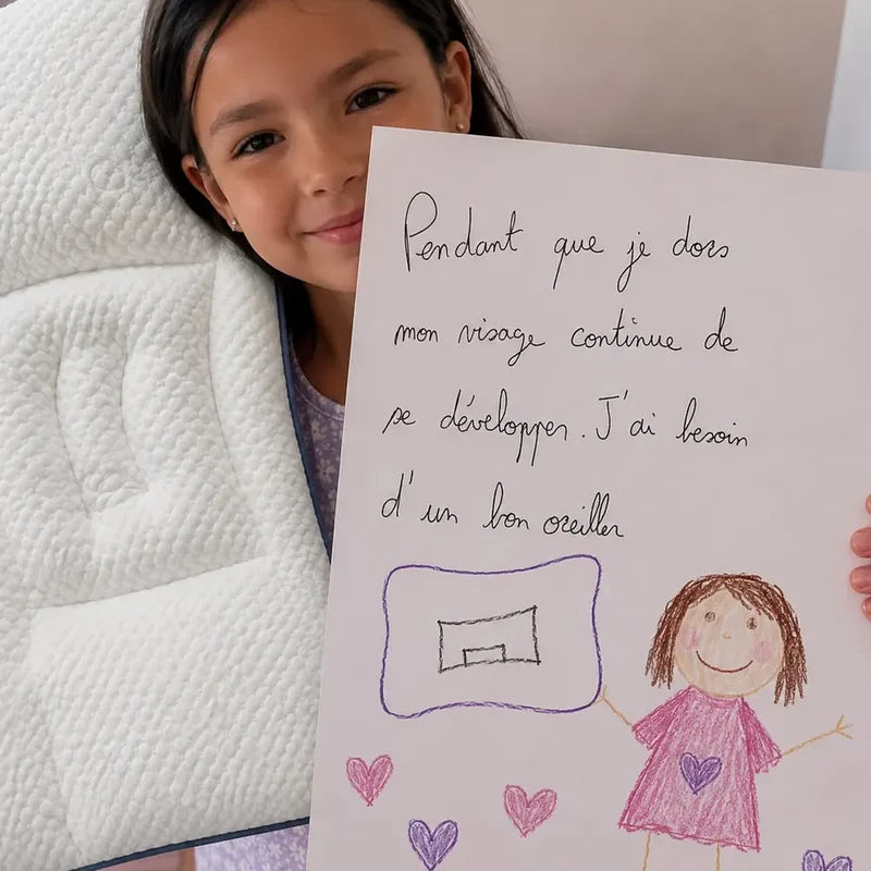 Child holding a handwritten note “While I sleep my face keeps developing”