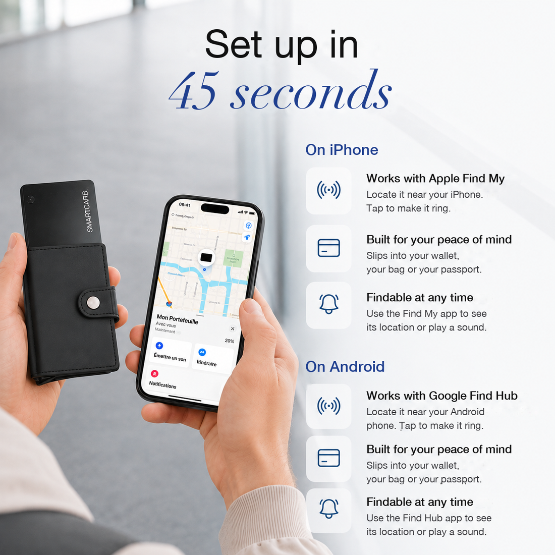 Set up in 45 seconds on iPhone or Android