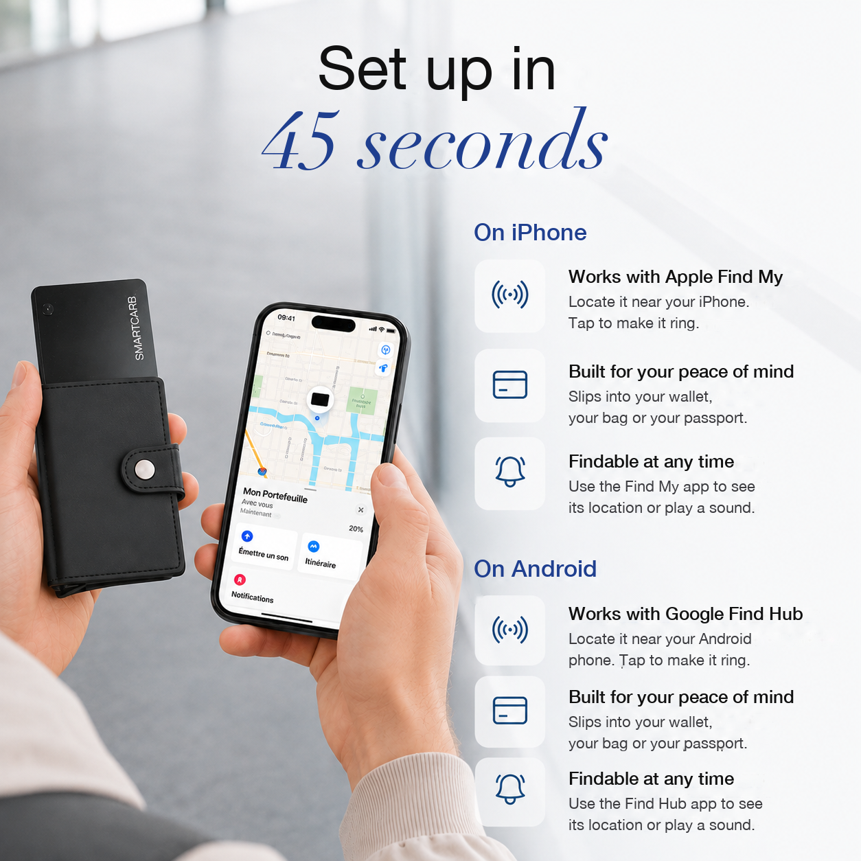 Set up in 45 seconds on iPhone or Android
