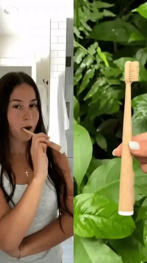 Natural toothbrush demonstrated in a bathroom routine